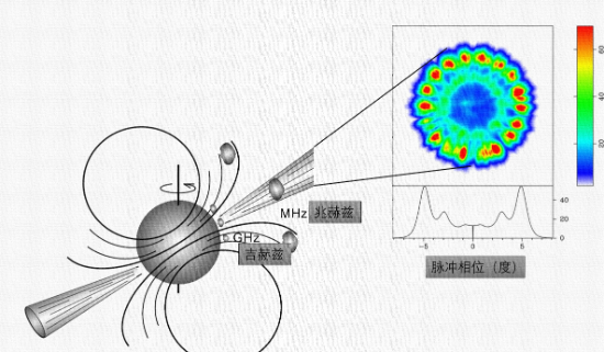图1.脉冲星（含磁星）辐射示意图：脉冲星就如快速旋转的灯塔，起源于其磁场两极的“束状”辐射每扫过观测者一次便可探测到一个脉冲.png