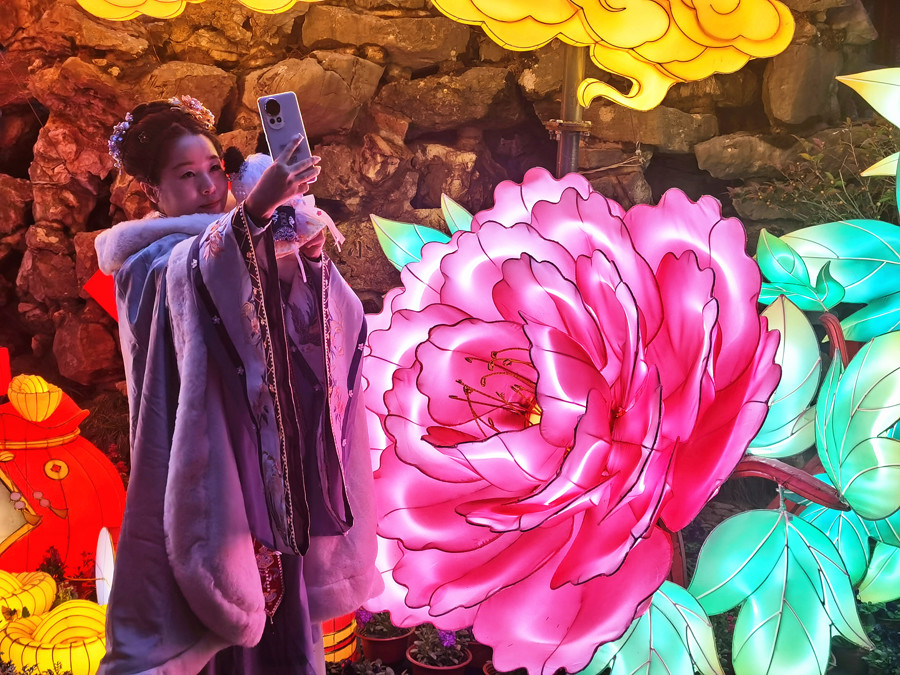 游客在牡丹花灯前合影。陈玺撼 摄 .jpeg 游客在牡丹花灯前合影。陈玺撼 摄 .jpeg